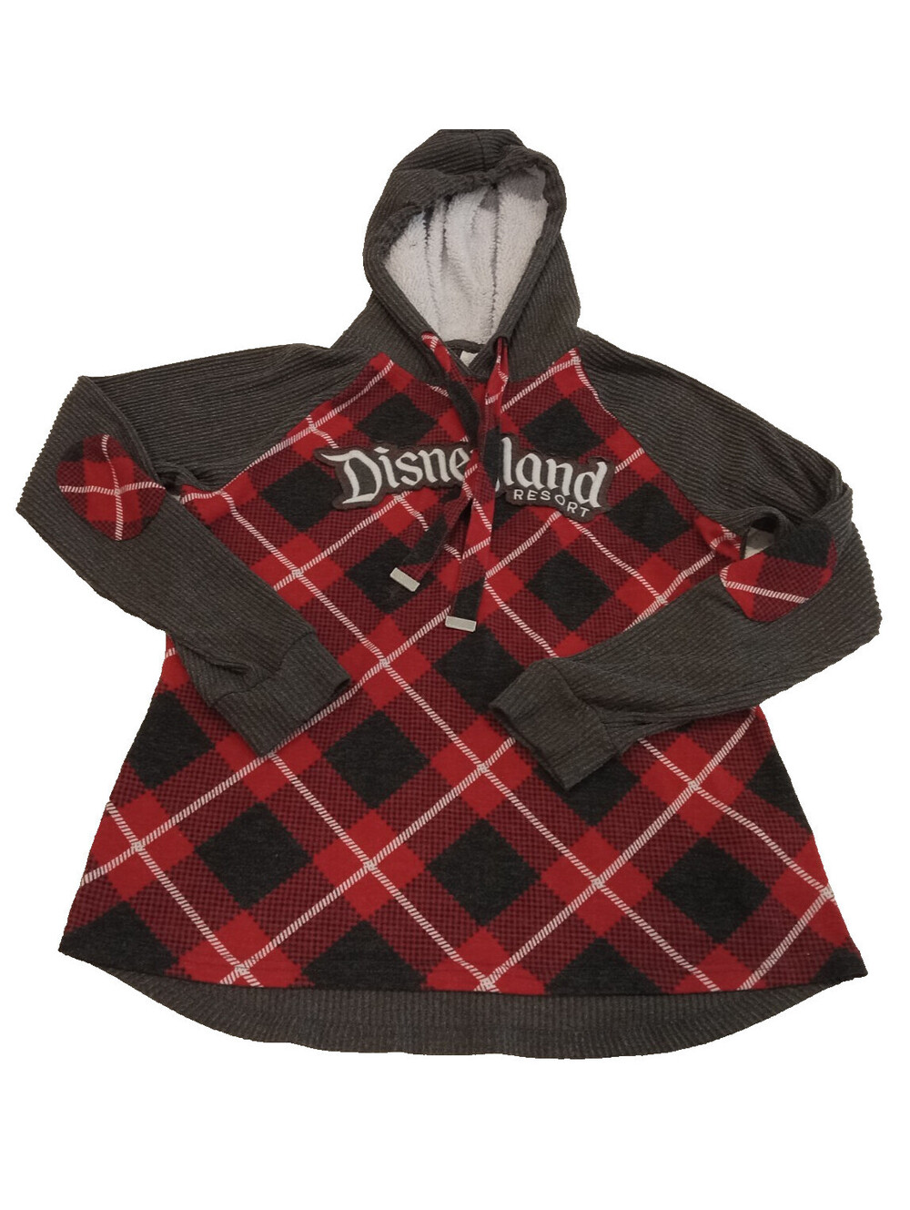Disneyland Resort Hoodie Womens Large Red Black Plaid Waffle Knit Elbow Patch L